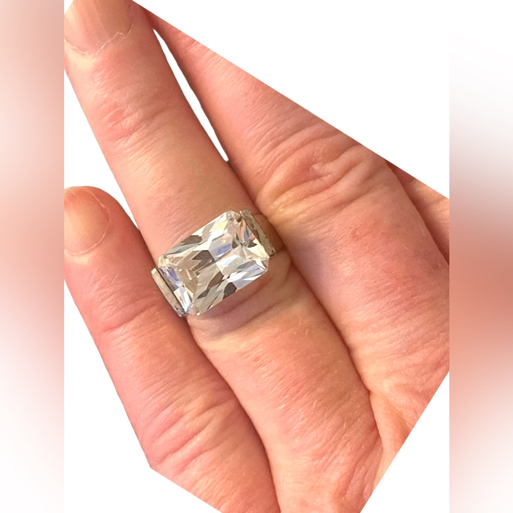 Large Sterling Silver 925 Rhodium Plt Fancy Cz Lg Stone Glass Ring